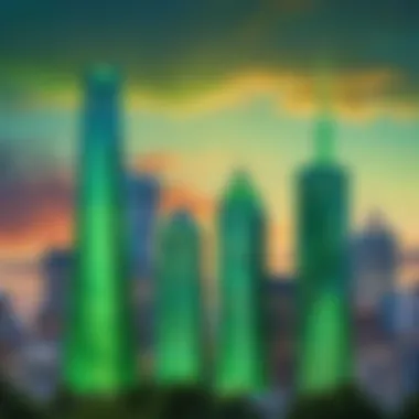 The Iconic Skyline of Emerald City A vivid illustration of the Emerald City skyline showcasing its iconic green towers under a vibrant sky