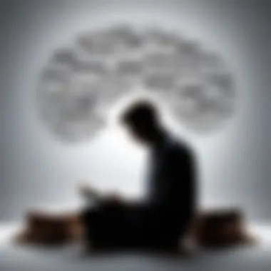 A silhouette of a thinker surrounded by floating book titles, illustrating the impact of literature on thought.