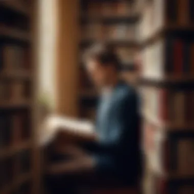 Introspection through Literature A thoughtful individual surrounded by books, reflecting on insights