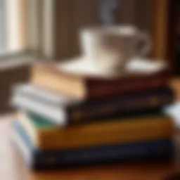 A stack of classic literature books with a cup of coffee