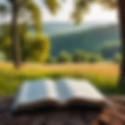 An open book with a serene landscape in the background