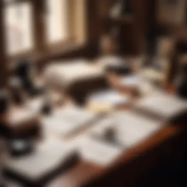 Detective's Workspace A detective's workspace with clues and notes scattered