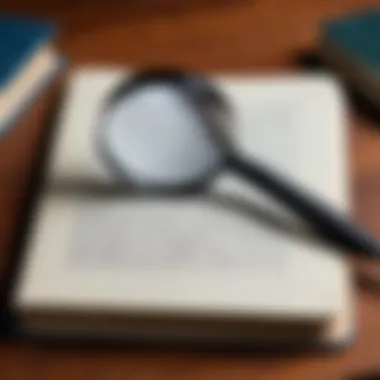 A close-up of a magnifying glass resting on a notebook