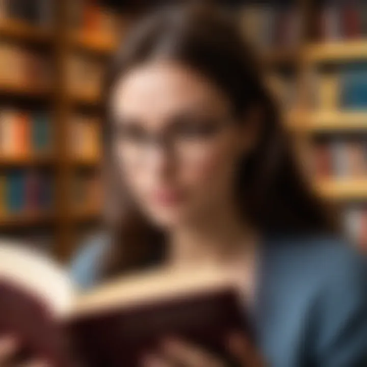 A person immersed in reading a book with a thoughtful expression.