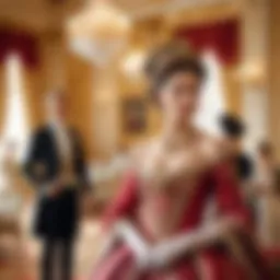 Elegant ballroom scene depicting aristocratic figures in traditional attire
