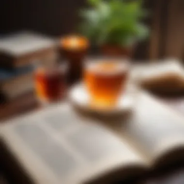 An open book with a cup of tea, symbolizing a cozy reading experience.