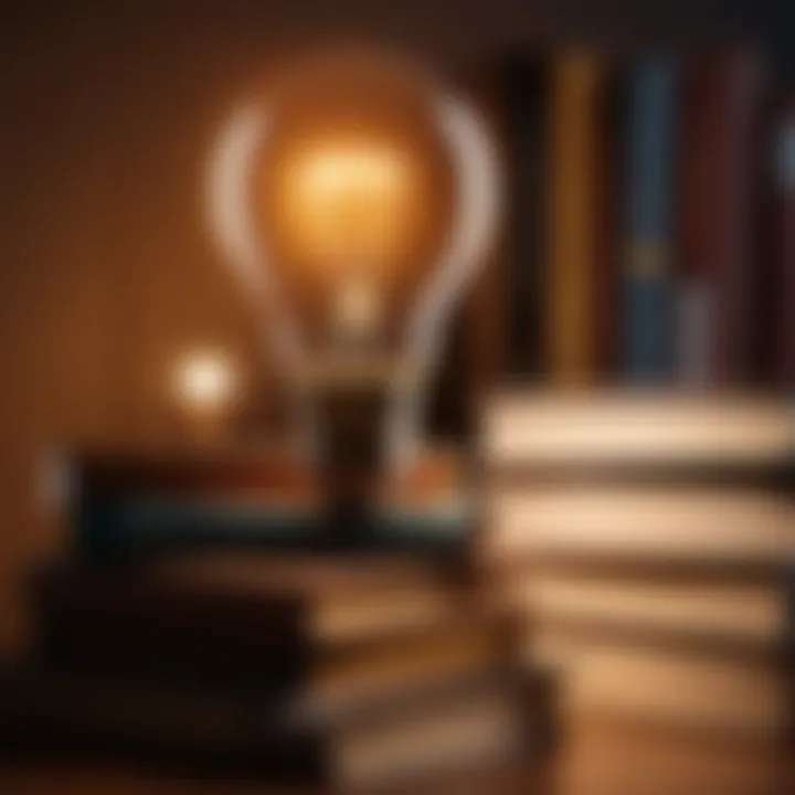 A glowing lightbulb above a stack of books, representing ideas and inspiration.