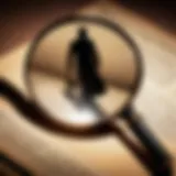 A vintage detective novel cover featuring a magnifying glass and a mysterious shadow.