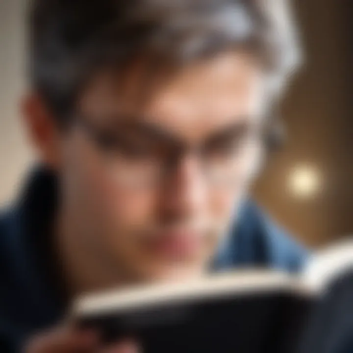 A close-up of a person thoughtfully reflecting on a book, illustrating the cognitive engagement that reading promotes.