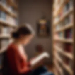A thoughtful reader immersed in a book, surrounded by shelves of literature.