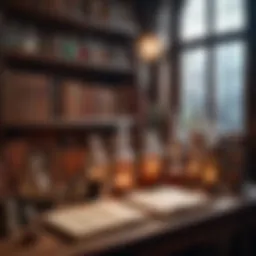 A mystical alchemical laboratory filled with ancient books and potions.