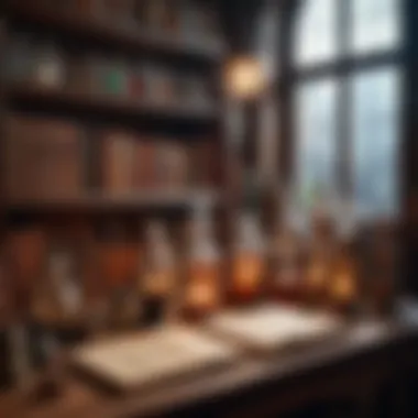 The Enigmatic Alchemist's Workshop A mystical alchemical laboratory filled with ancient books and potions.