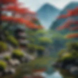 A serene Japanese landscape with mythical creatures