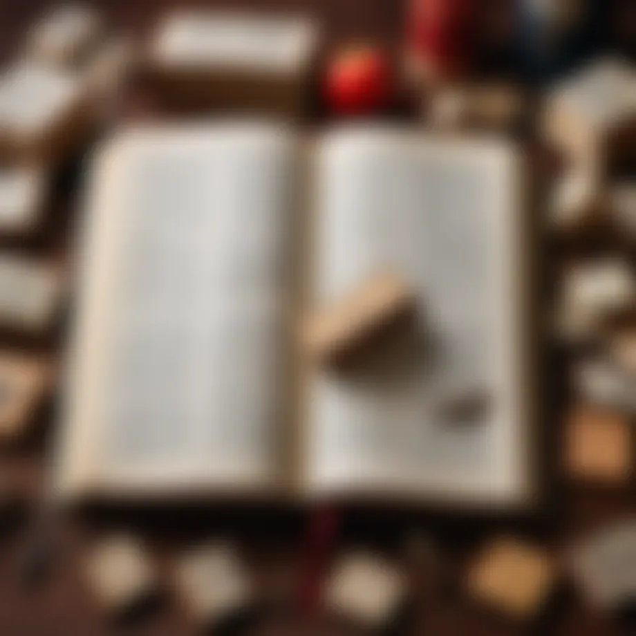 A close-up of an open book surrounded by literary symbols