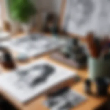 An artist's workspace featuring manga drawing tools and materials