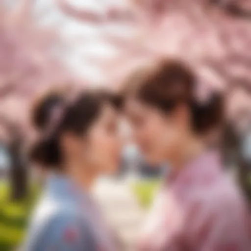 A captivating scene of two female characters sharing a moment under cherry blossoms, symbolizing love and connection.