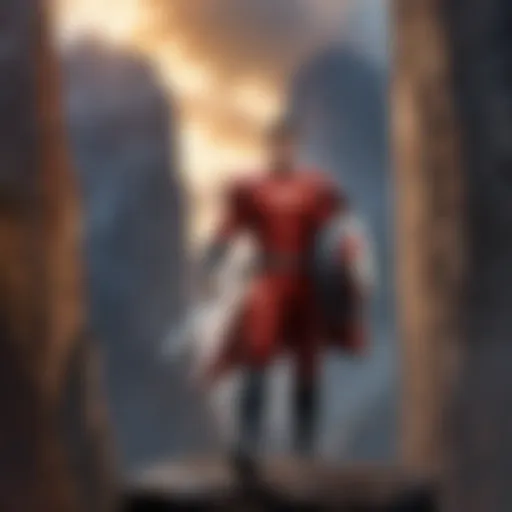 A powerful protagonist standing triumphantly against a dramatic backdrop