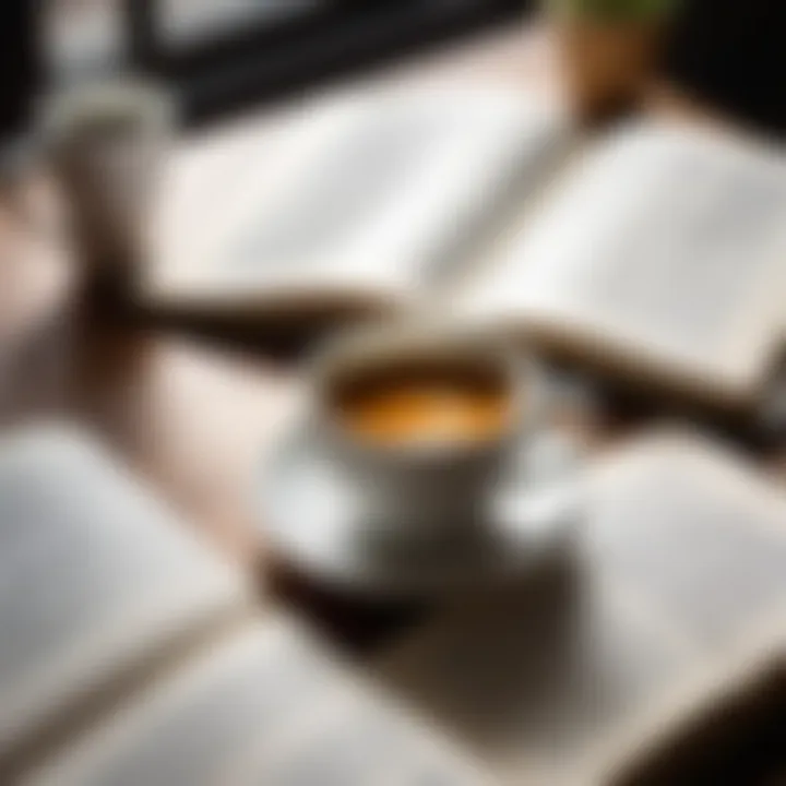 An open book with highlighted passages and a cup of coffee