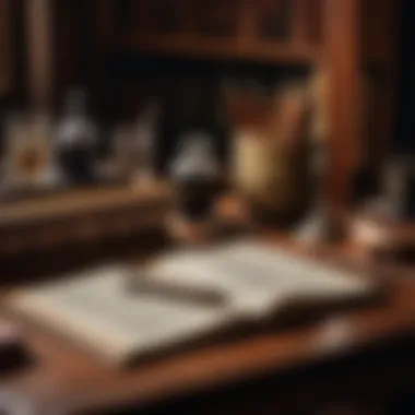 A vintage desk adorned with quills, ink, and classic literature.