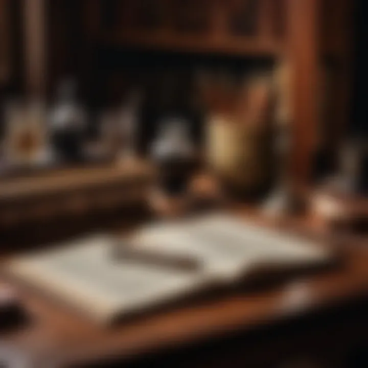 A vintage desk adorned with quills, ink, and classic literature.
