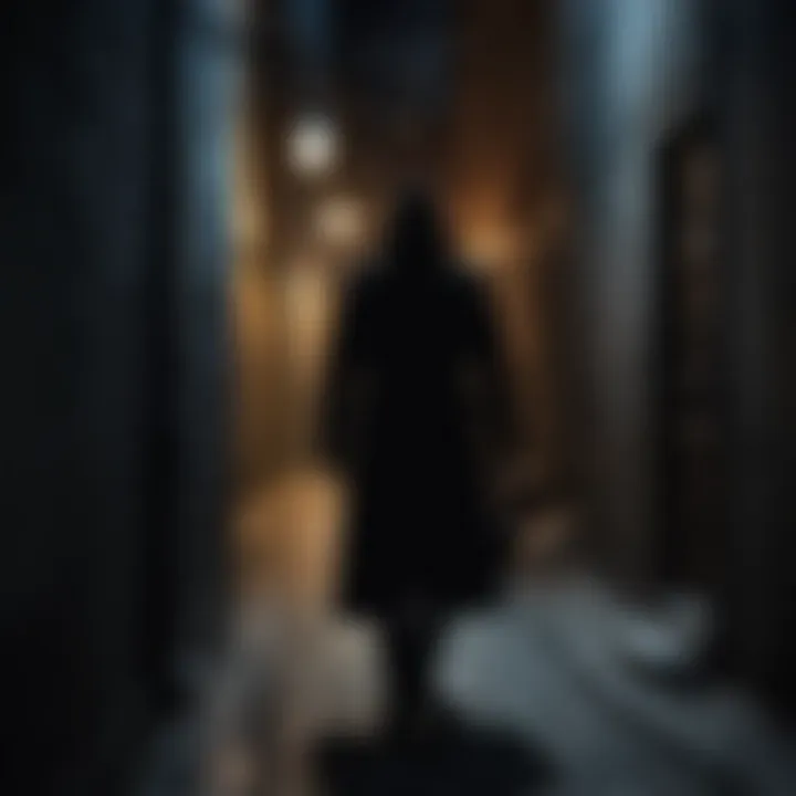 An illustration of a shadowy figure in a dark alley, embodying the mystery genre