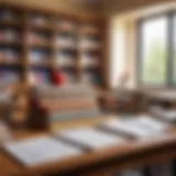 A classic classroom setting filled with books and desks