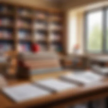 A classic classroom setting filled with books and desks