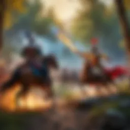 A mystical landscape depicting a vibrant magic battle scene