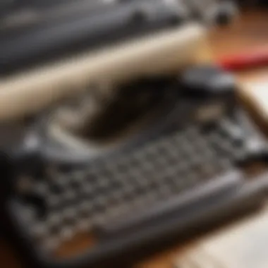 A close-up of a typewriter with pages filled with crime and romance themes
