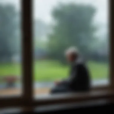 A solitary figure gazing out of a rain-soaked window, contemplating loss and solitude.