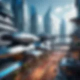 A futuristic cityscape with flying vehicles and advanced architecture