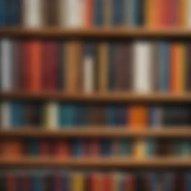 A collection of short books arranged on a shelf.