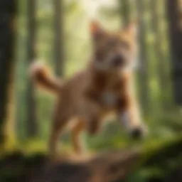 A majestic warrior cat leaping through the forest