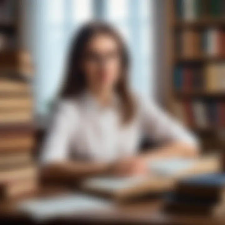 A scholarly woman at a desk with books