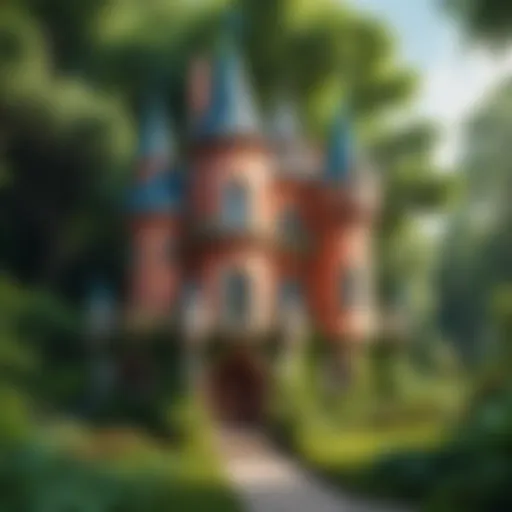 A whimsical castle nestled among lush greenery