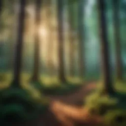 A mystical forest with towering trees and shimmering lights