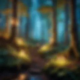 A mystical forest with glowing lights and enchanted creatures