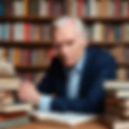 George Martin in a contemplative pose, surrounded by books