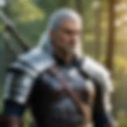 Geralt of Rivia, standing resolutely in his signature armor, with a sword at his side.