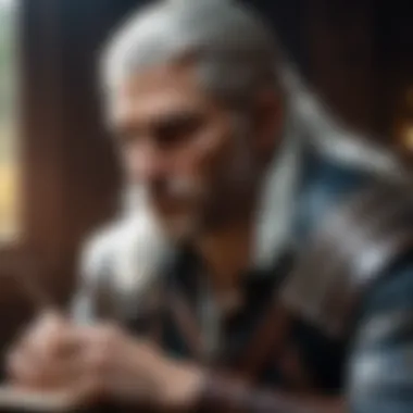 A thoughtful depiction of Geralt reflecting on his moral dilemmas and philosophical beliefs.