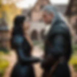 Illustration of Geralt and Yennefer's first encounter in the medieval setting.
