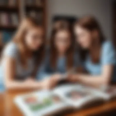 A creative depiction of girls engaged in reading manga together, surrounded by illustrations from their favorite stories.