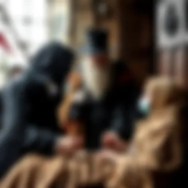 Historical Encounter: The Plague Doctor and Patients An artistic representation of a historical scene illustrating the Plague Doctor interacting with patients during a pandemic.