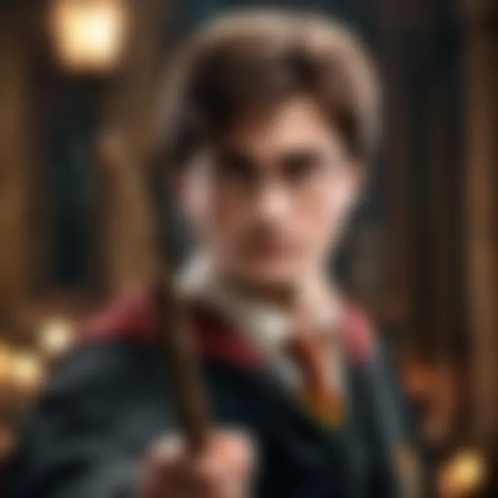 A detailed illustration of Harry Potter holding his wand with a determined expression