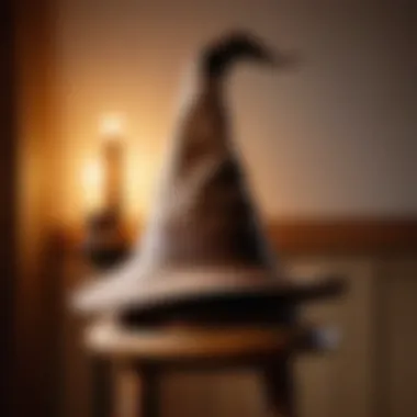 An artistic representation of the iconic Sorting Hat placed on a wooden stool