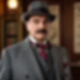 An iconic scene featuring Hercule Poirot in a classic detective setting