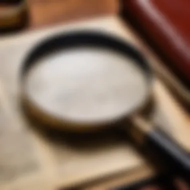 A close-up view of a magnifying glass resting on a detective novel