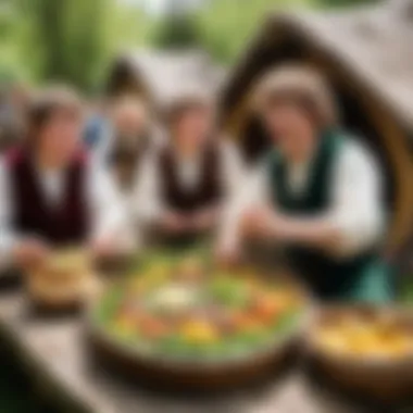 A vibrant gathering of hobbits celebrating a festival with food and merriment