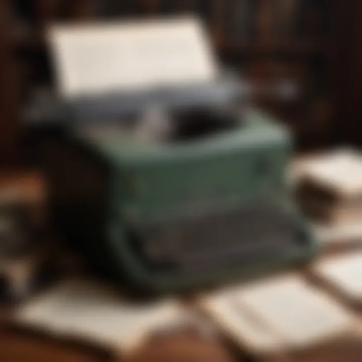 A vintage typewriter with papers scattered around
