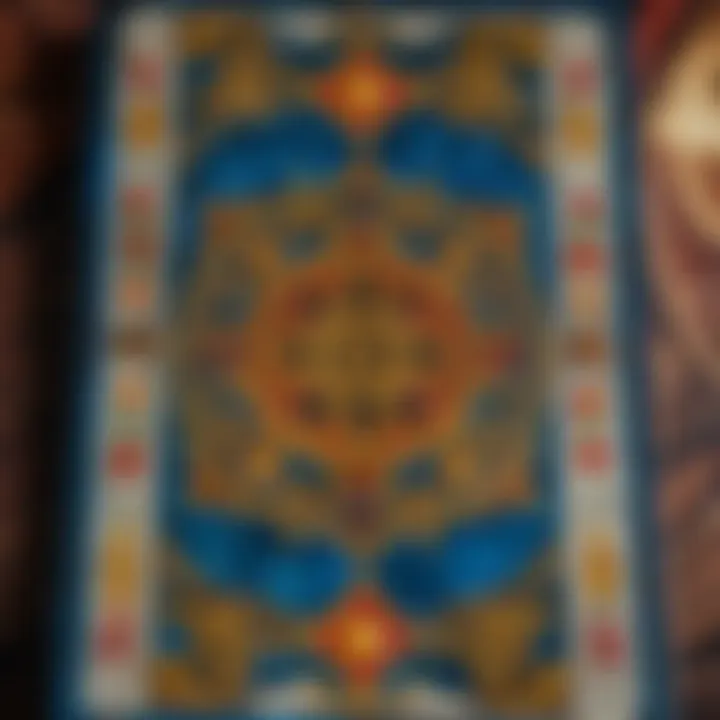 Close-up of a Tarot card with intricate designs and symbolism